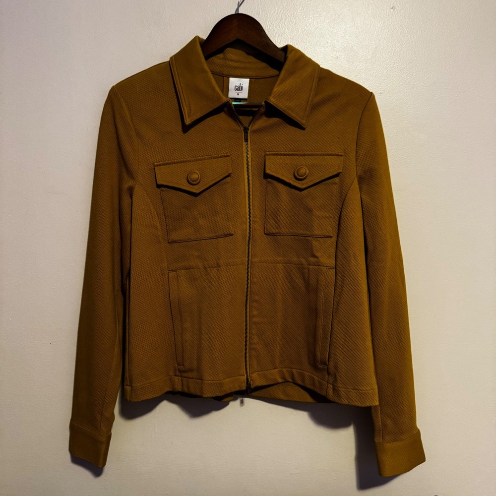 Cabi Touring Jacket Size Medium Moss Gold Green Ponte Knit Full Zip Rayon Blend